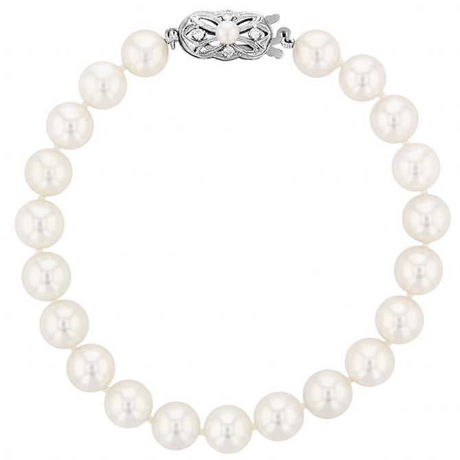 White Akoya Pearl Bracelet in White Gold with Filigree Diamond Clasp, 7.5"