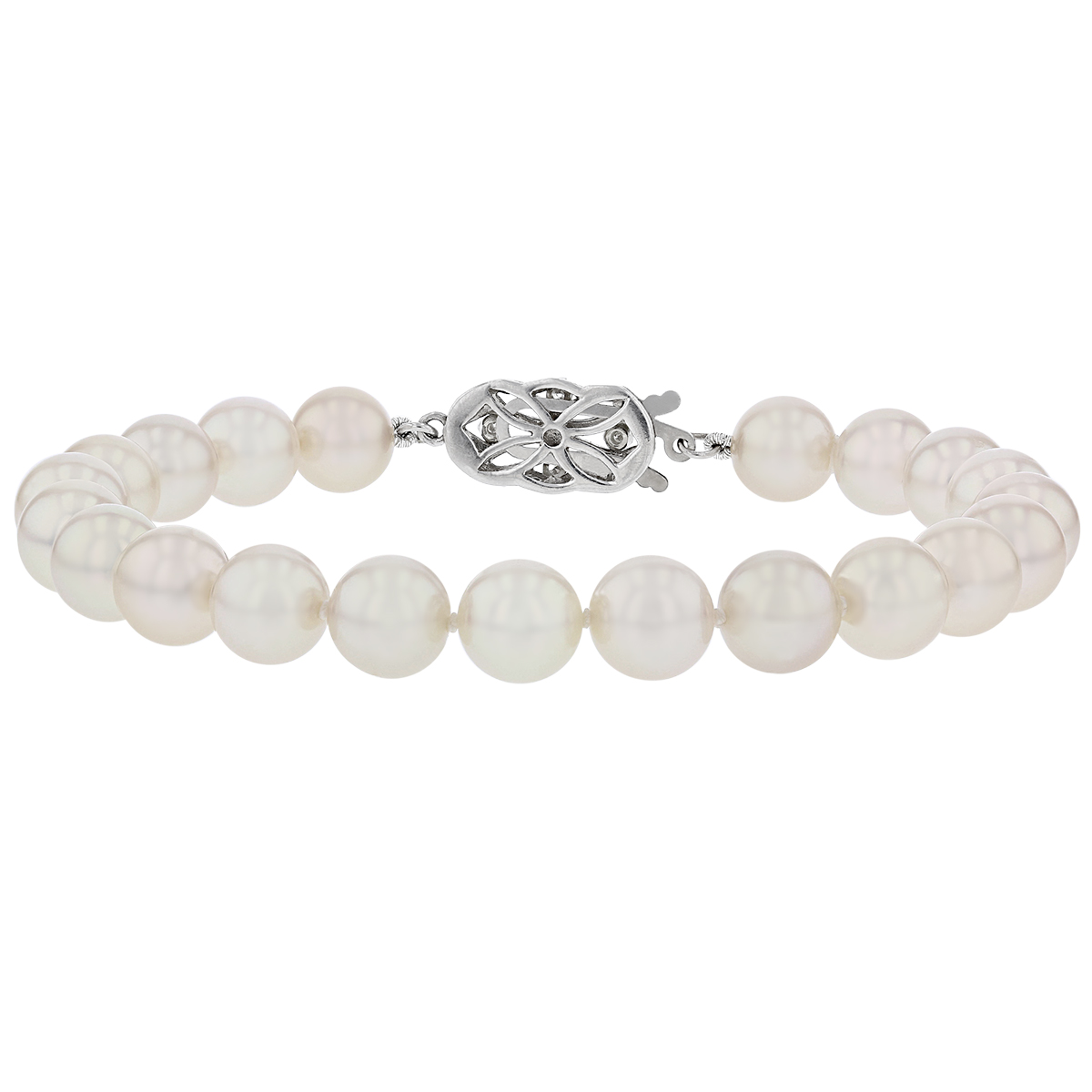 White Akoya Pearl Bracelet in White Gold with Filigree Diamond Clasp, 7.5