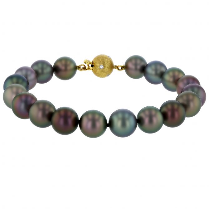 TARA Pearls Black Tahitian South Sea Cultured Pearl Bracelet in Yellow Gold with Diamond Clasp