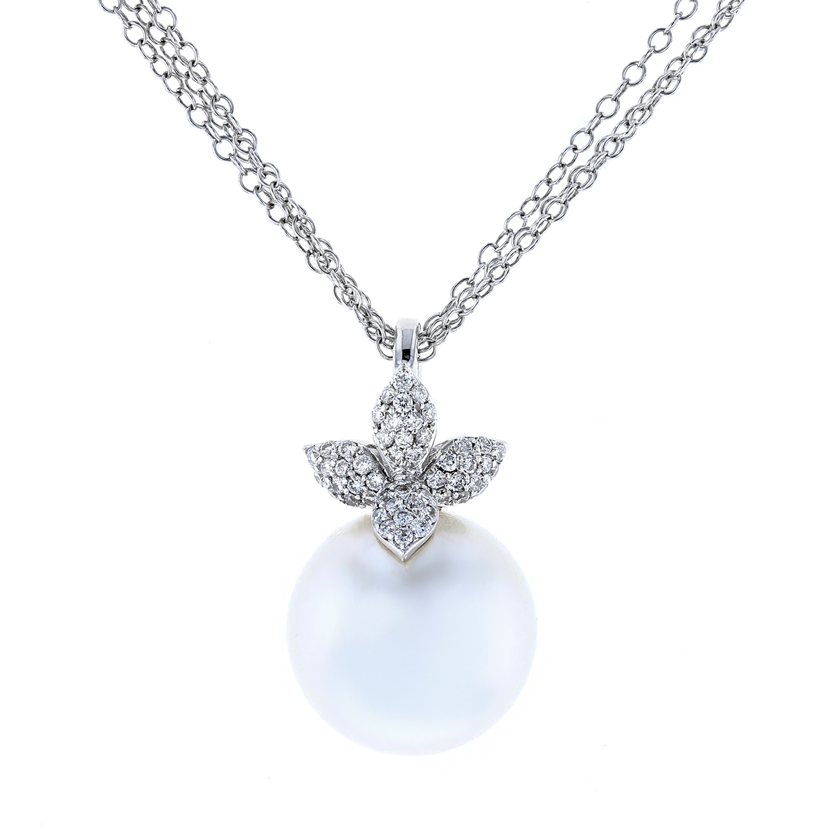 South Sea Cultured Pearl & Diamond Leaf Pendant Necklace in White Gold