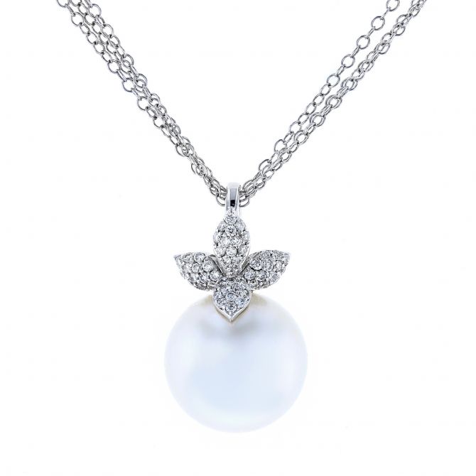 South Sea Cultured Pearl & Diamond Leaf Pendant Necklace in White Gold