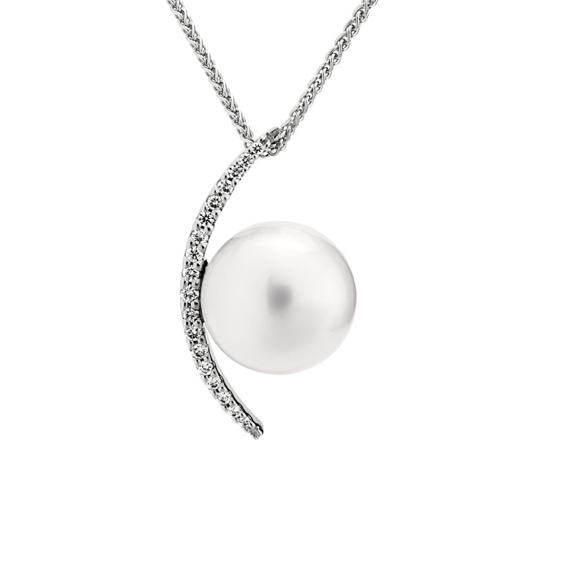 White Cultured Pearl & Diamond Half Moon Pendant in White Gold, 18
