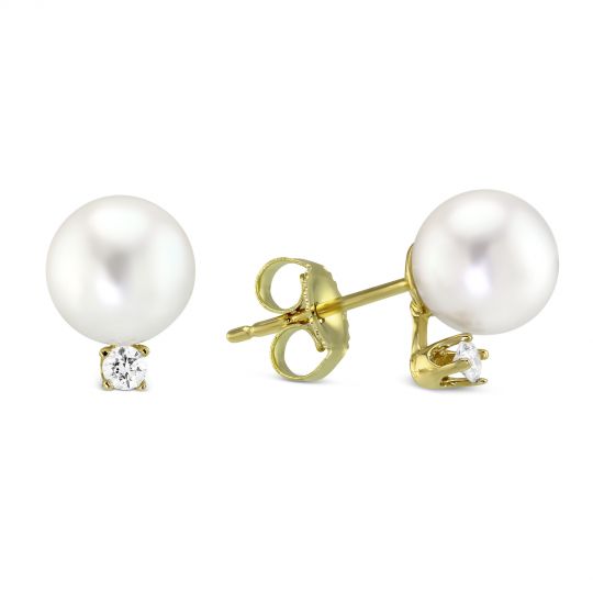 6 5x7mm White Cultured Pearl Diamond Stud Earrings In Yellow Gold By Tara Peals 6 5x7mm White Cultured Pearl Diamond Stud Earrings In Yellow Gold By Tara Peals