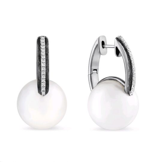South Sea Cultured Pearl Diamond Hoop Earrings In White Gold Rhodium By Tara Pearls South Sea Cultured Pearl Diamond Hoop Earrings In White Gold Rhodium By Tara Pearls