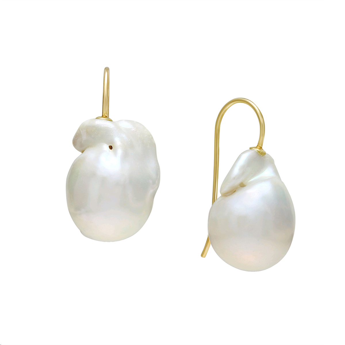 Baroque White Freshwater Cultured Pearl Drop Earrings in Yellow Gold