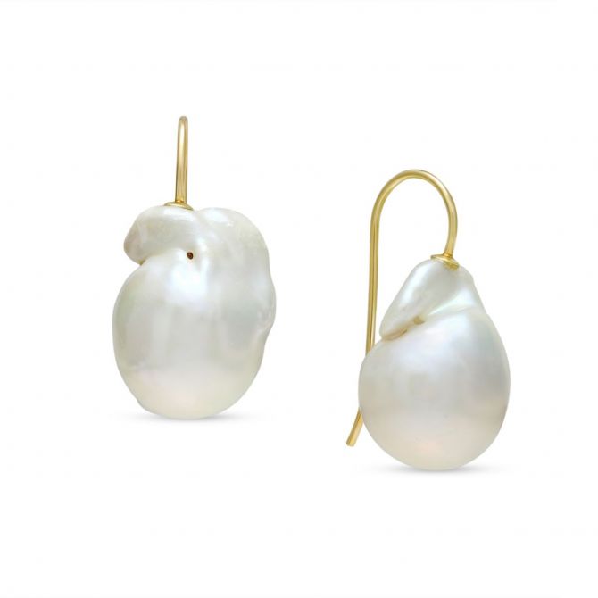 Baroque White Freshwater Cultured Pearl Drop Earrings in Yellow Gold