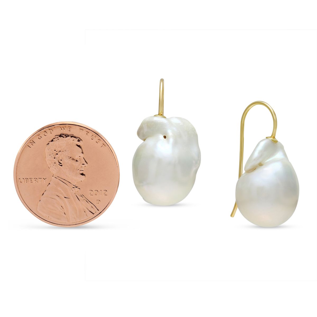 Baroque White Freshwater Cultured Pearl Drop Earrings in Yellow Gold