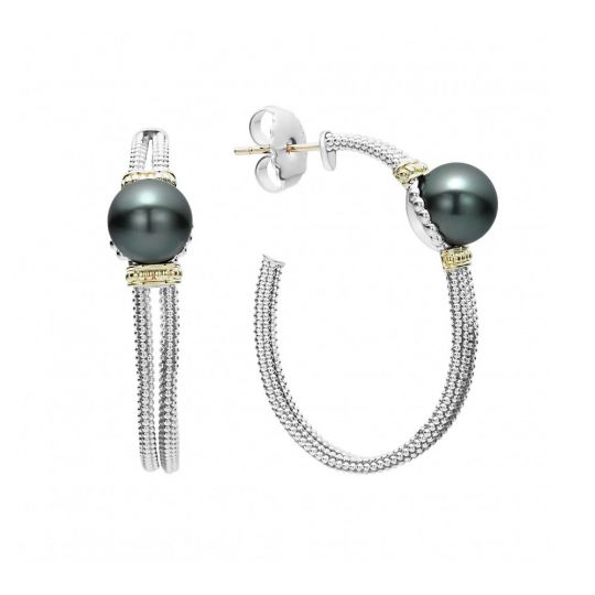 Lagos Sterling Silver 18k Yellow Gold Black Freshwater South Sea Lagos Sterling Silver 18k Yellow Gold Black Freshwater South Sea Cultured Pearl Luna Hoop Earrings