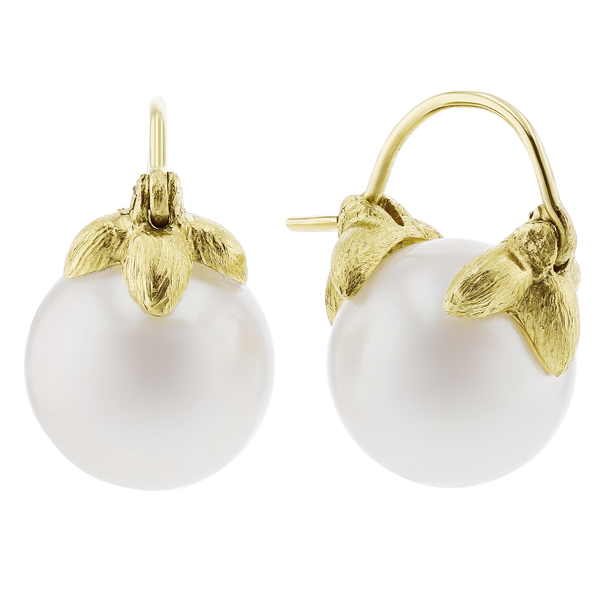 White South Sea Cultured Pearl & Yellow Gold Curved Snap Down Post Earrings