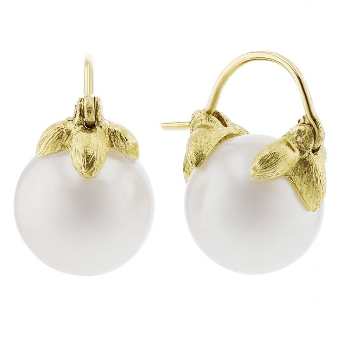 White South Sea Cultured Pearl & Yellow Gold Curved Snap Down Post Earrings