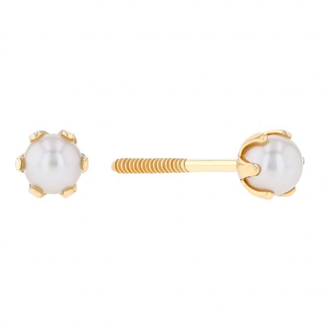 3mm White Cultured Pearl Stud Earrings in Yellow Gold