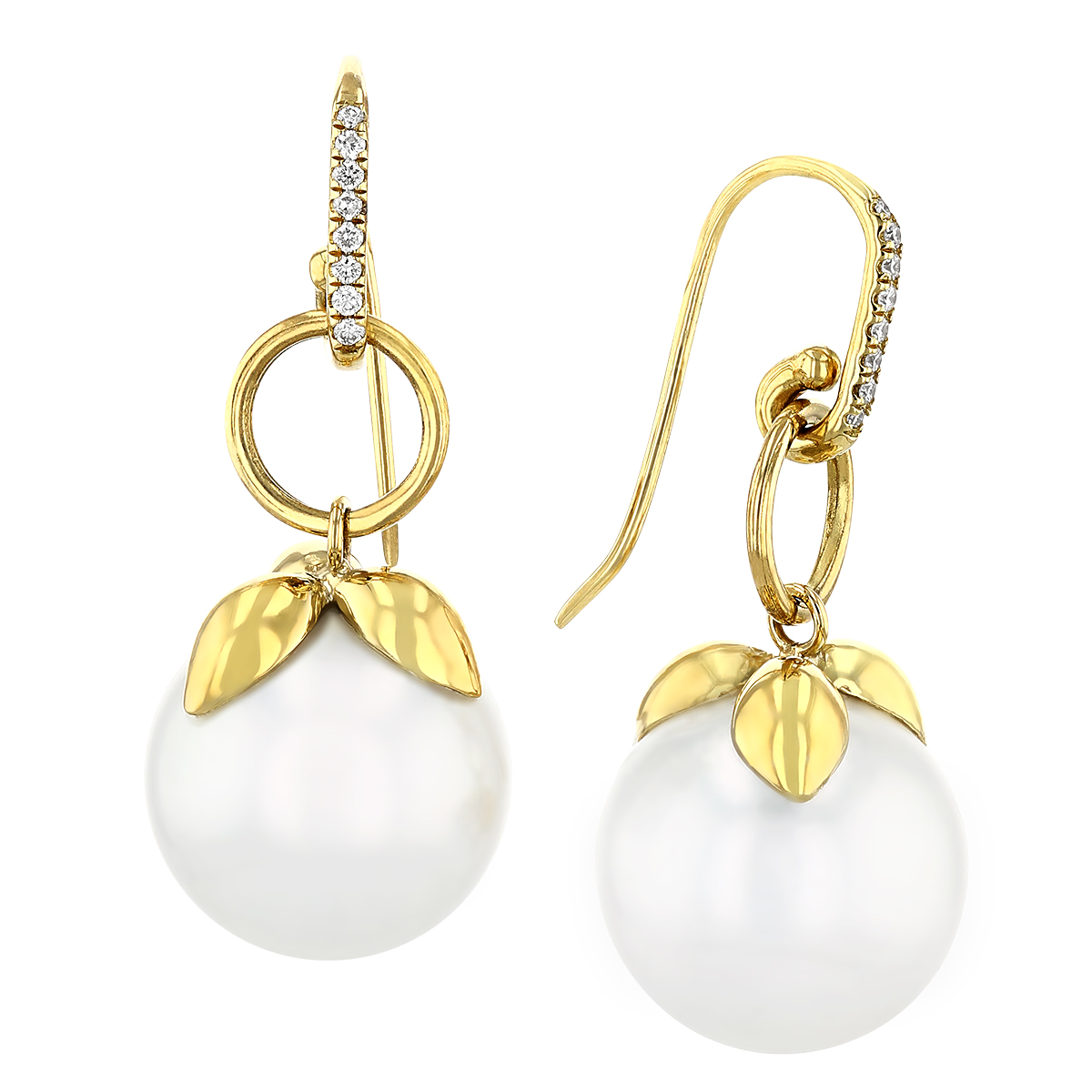 White South Sea Cultured Pearl & Diamond Leaf Shaped Drop Earrings in Yellow Gold