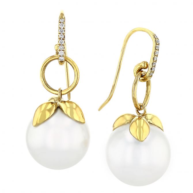 White South Sea Cultured Pearl & Diamond Leaf Shaped Drop Earrings in Yellow Gold
