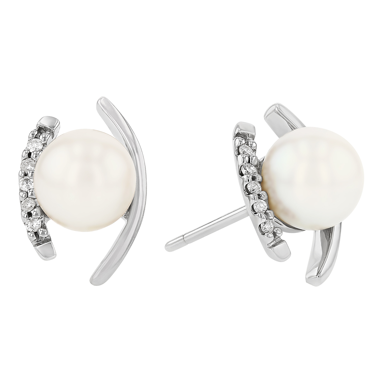 White Freshwater Cultured Pearl & Diamond Curved Bar Post Earrings in White Gold | Borsheims