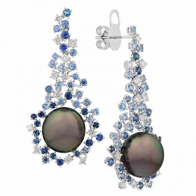 TARA Pearls Black Tahitian Cultured Pearl, Sapphire & Diamond Drop Earrings in White Gold