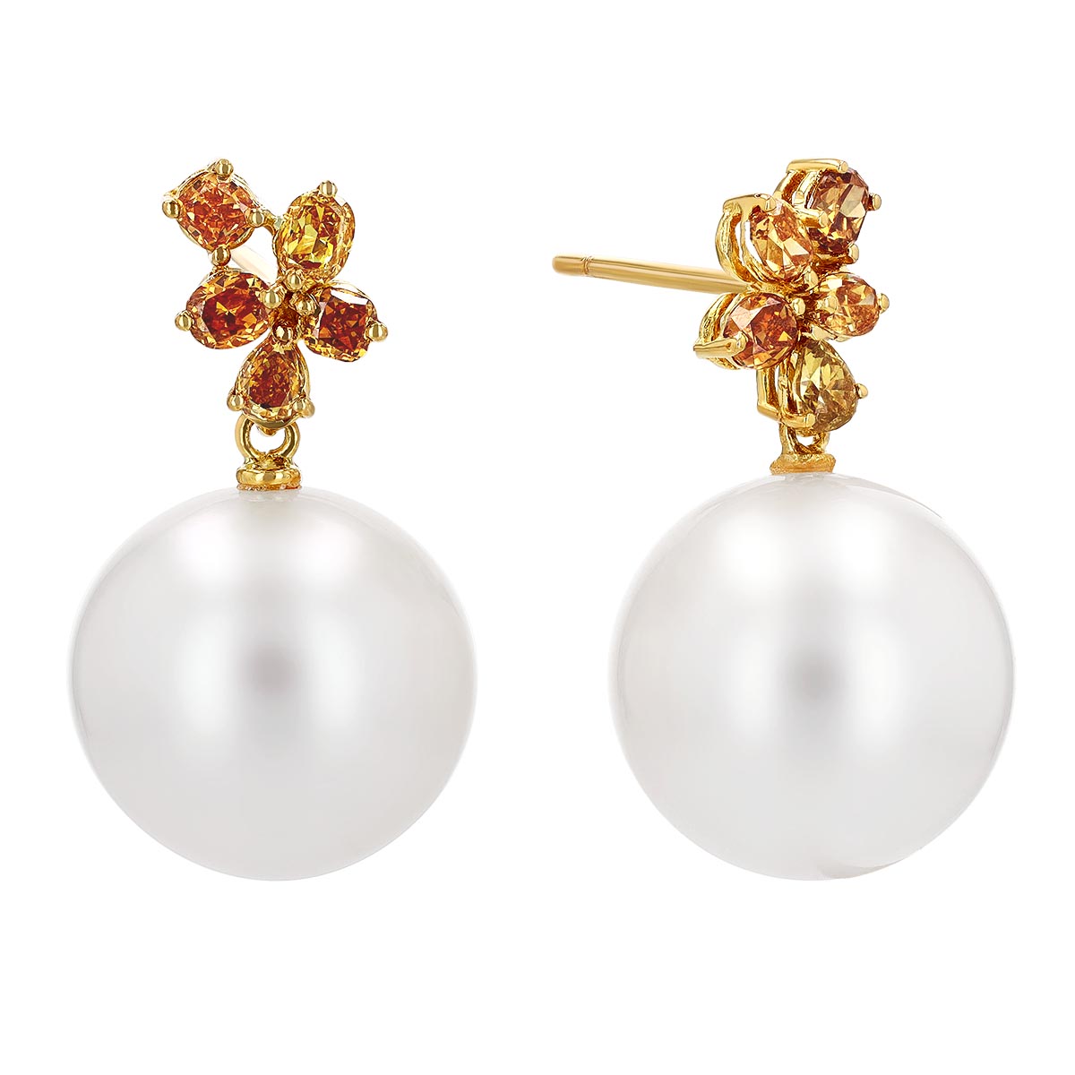 TARA Pearls Fancy Brown Diamond & White South Sea Cultured Pearl Drop Earrings in Yellow Gold