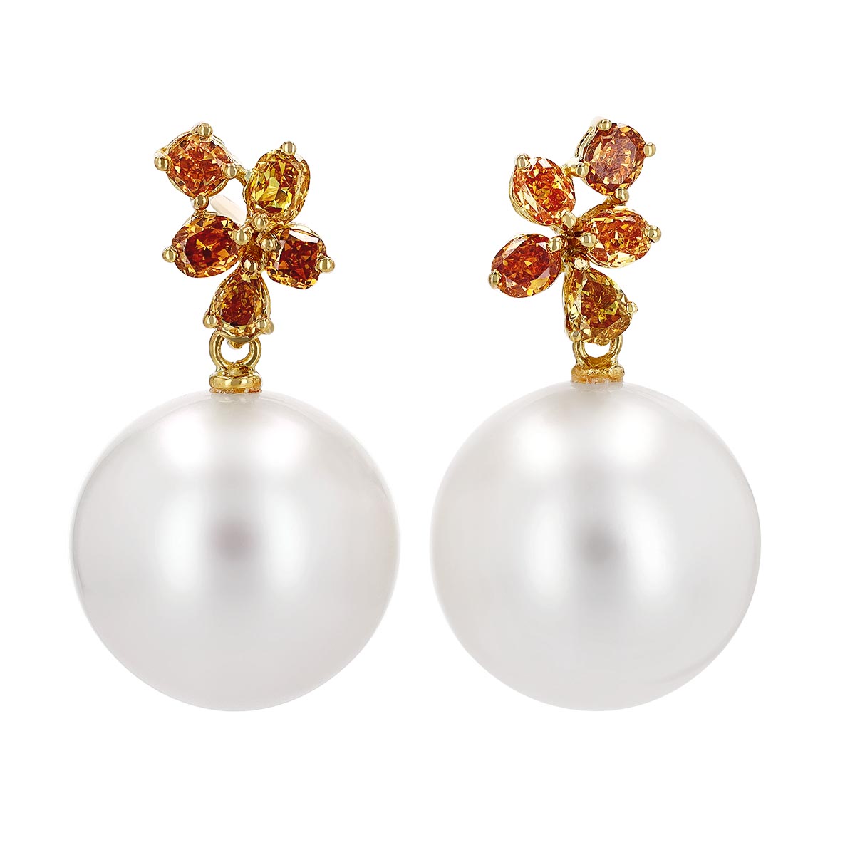 TARA Pearls Fancy Brown Diamond & White South Sea Cultured Pearl Drop Earrings in Yellow Gold