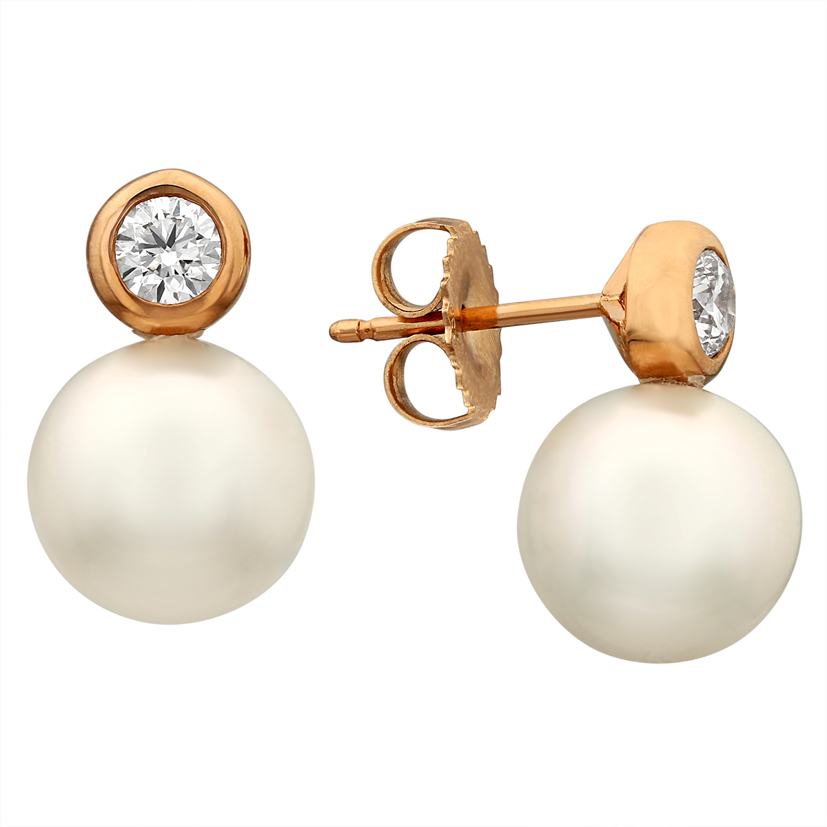 TARA Pearls White South Sea Cultured Pearl & Bezel Set Diamond Post Earrings in Rose Gold