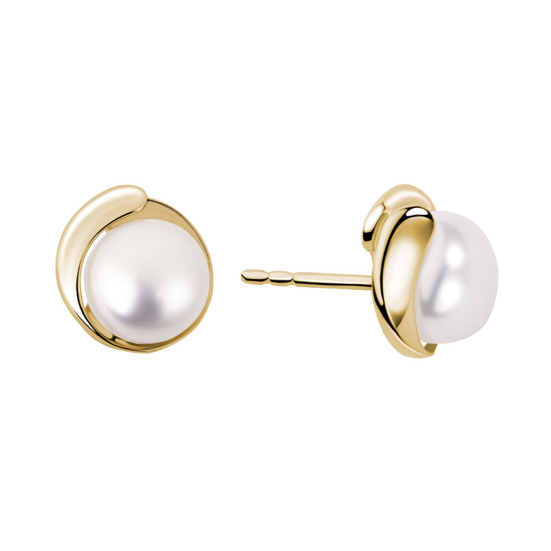 White Cultured Pearl Swirl Bezel Post Earrings in Yellow Gold | Borsheims