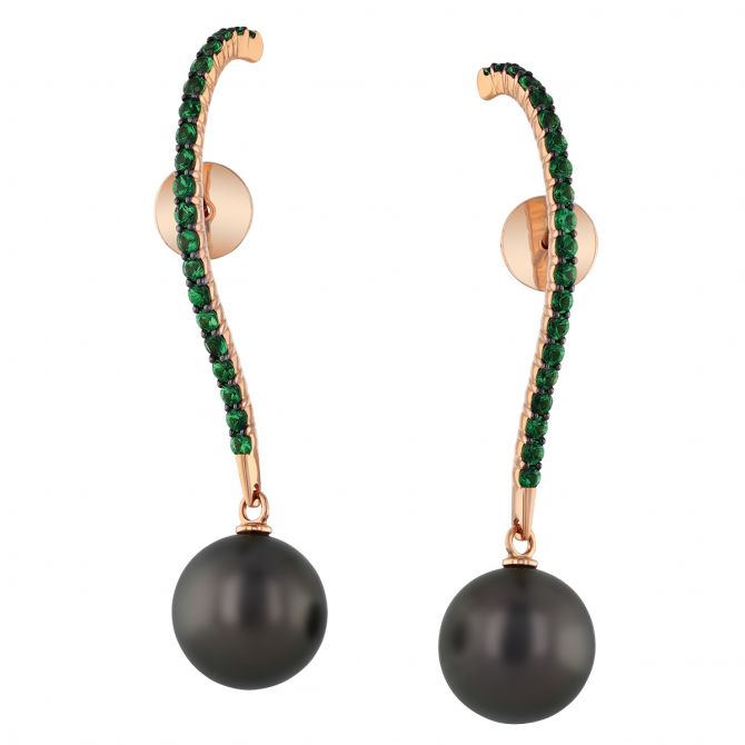 Alessandra Dona Black Tahitian South Sea Cultured Pearl & Tsavorite Garnet Cuff Post Earrings