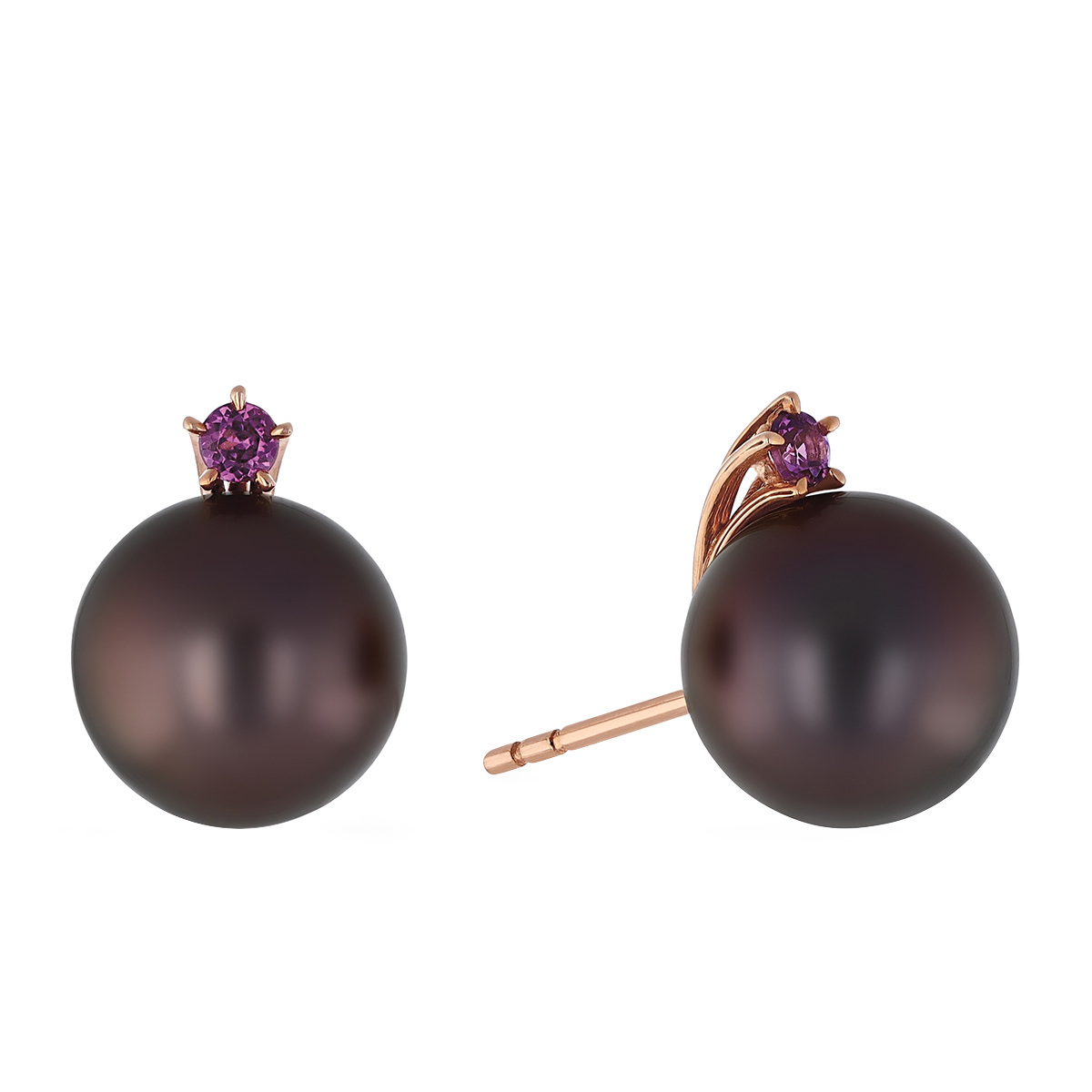 Alessandra Dona Black Tahitian South Sea Cultured Pearl & Rhodolite Stud Earrings in Rose Gold