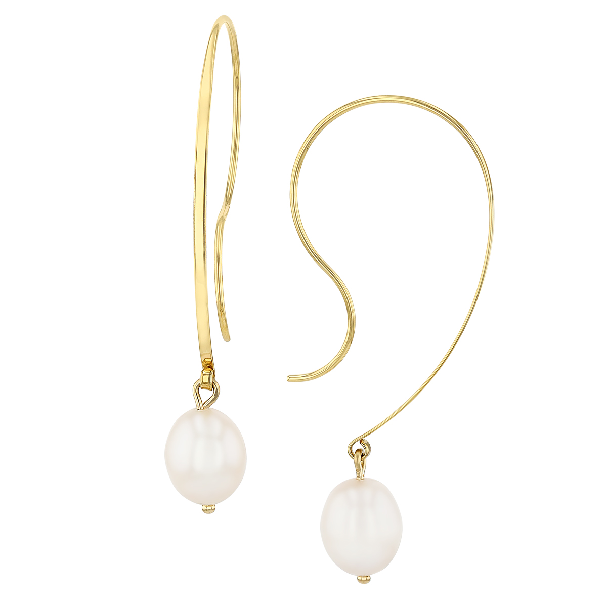 White Freshwater Cultured Pearl Flat Sweep Drop Earrings in Yellow Gold