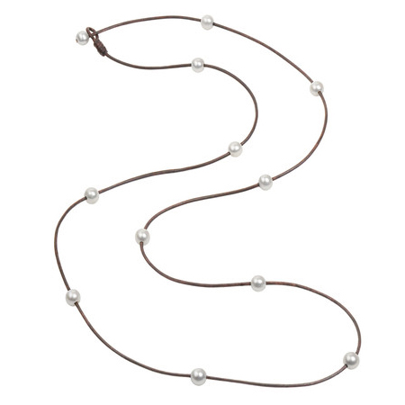 Vincent Peach Constellation Freshwater Cultured Pearl Lariat Cord Necklace in Brown Leather, 36"