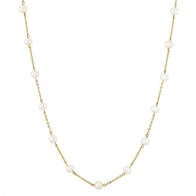 White Cultured Pearl Station By the Yard Necklace in Yellow  Gold, 18"
