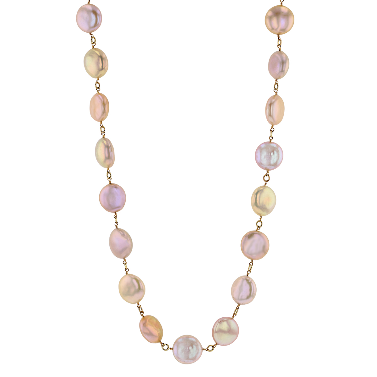 Pink & Peach Freshwater Cultured Coin Pearl Necklace in Yellow Gold, 30