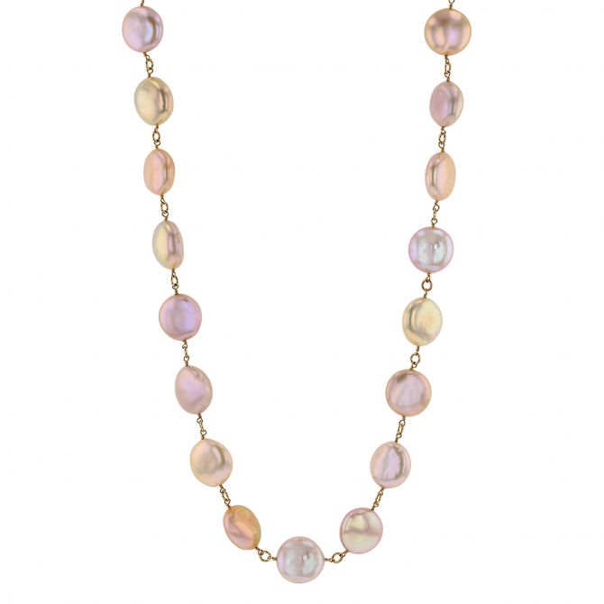 Pink & Peach Freshwater Cultured Coin Pearl Necklace in Yellow Gold, 30"