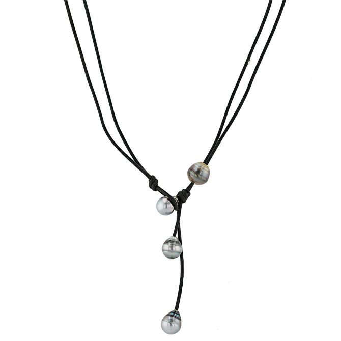 Black Tahitian South Sea Cultured Pearl Leather Lariat Necklace, 19.5"