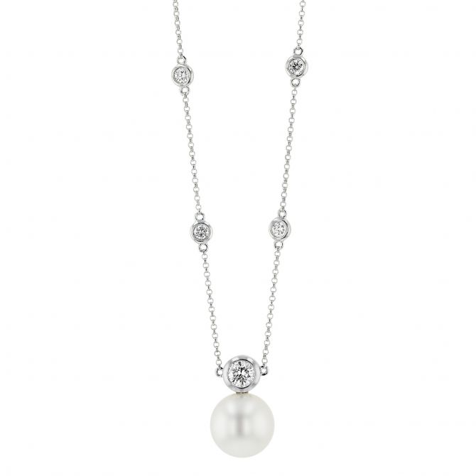 TARA Pearls White South Sea Cultured Pearl & Diamond Station Necklace in White Gold, 18"