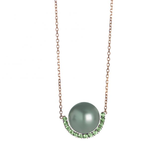 Alessandra Dona Black Tahitian South Sea Cultured Pearl & Tourmaline Curved Bar Pendant in Rose Gold
