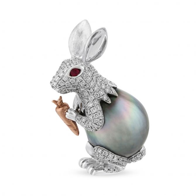 TARA Pearls Black Tahitian Pearl, Diamond & Ruby Rabbit Pin