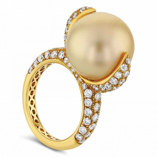 TARA Pearls Golden South Sea Cultured Pearl Ring with Diamond Pave in Yellow Gold