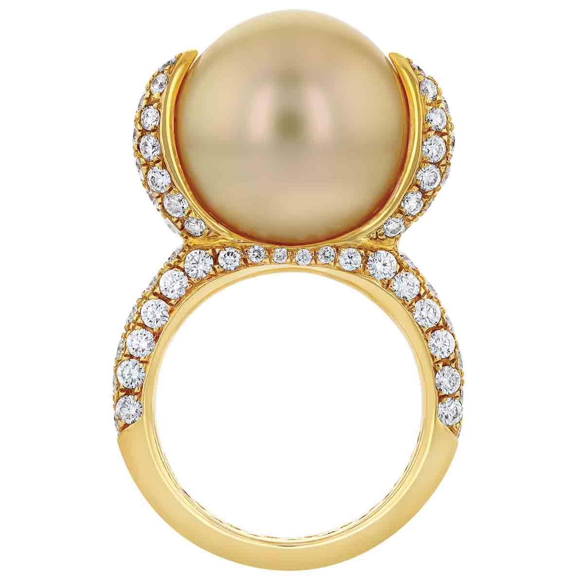 TARA Pearls Golden South Sea Cultured Pearl Ring with Diamond Pave in Yellow Gold