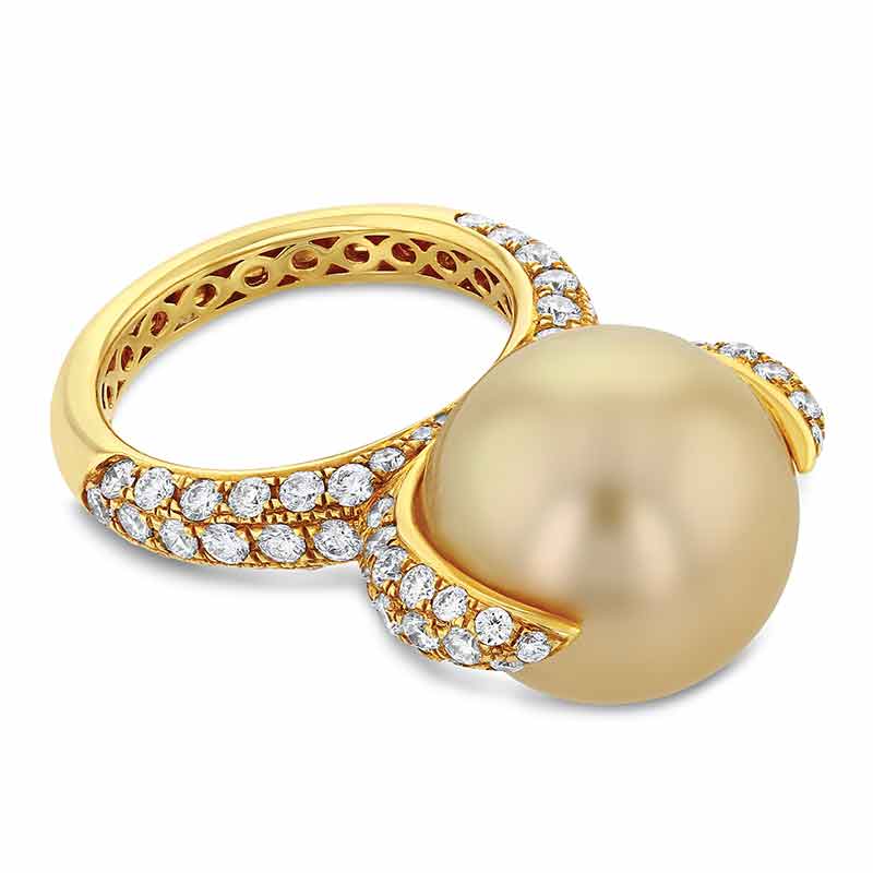 TARA Pearls Golden South Sea Cultured Pearl Ring with Diamond Pave in Yellow Gold