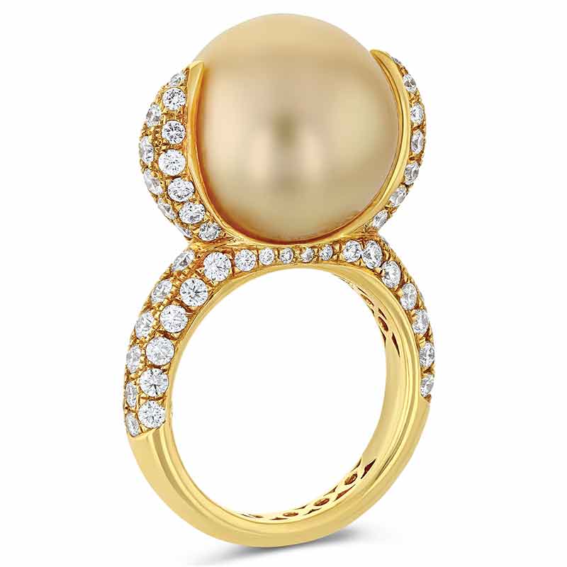 TARA Pearls Golden South Sea Cultured Pearl Ring with Diamond Pave in Yellow Gold