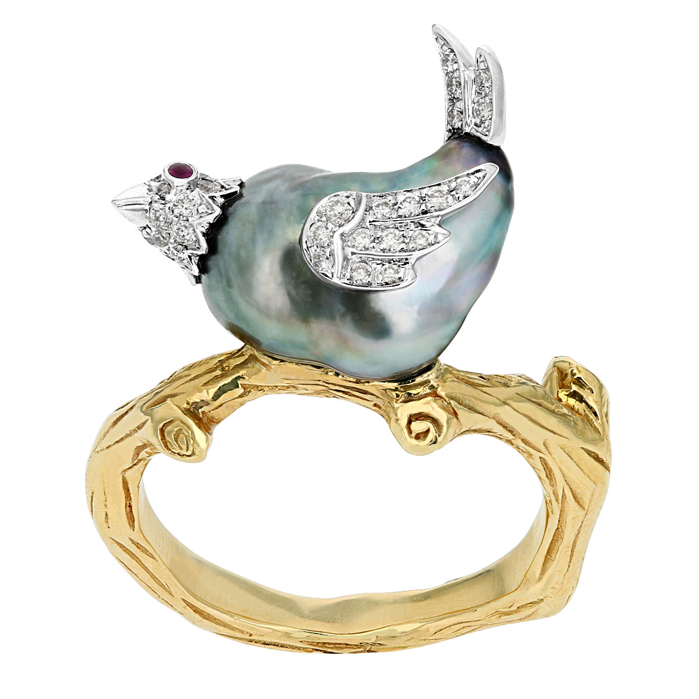 TARA Pearls Black Tahitian Baroque Pearl Bird Ring with Diamonds & Rubies
