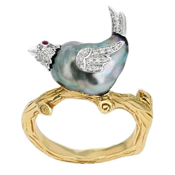 TARA Pearls Black Tahitian Baroque Pearl Bird Ring with Diamonds & Rubies