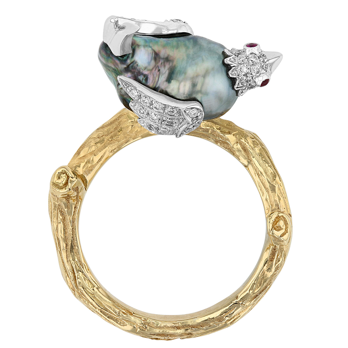 TARA Pearls Black Tahitian Baroque Pearl Bird Ring with Diamonds & Rubies