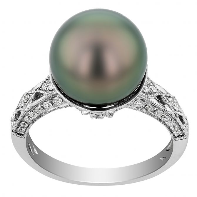 TARA Pearls Black Tahitian South Sea Cultured Pearl Ring with Diamond Milgrain Shank in White Gold