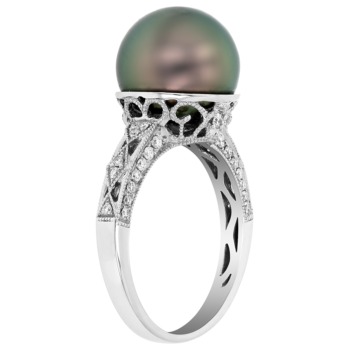 TARA Pearls Black Tahitian South Sea Cultured Pearl Ring with Diamond Milgrain Shank in White Gold