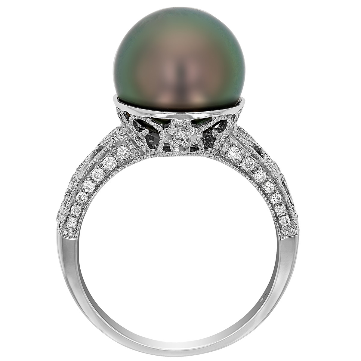 TARA Pearls Black Tahitian South Sea Cultured Pearl Ring with Diamond Milgrain Shank in White Gold