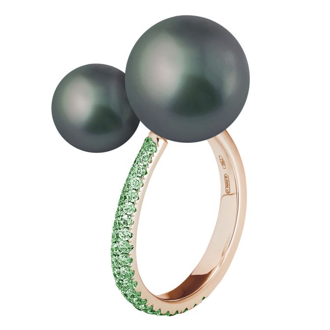 Alessandra Dona Black Tahitian South Sea Cultured Pearl & Tsavorite Bypass Ring in Rose Gold
