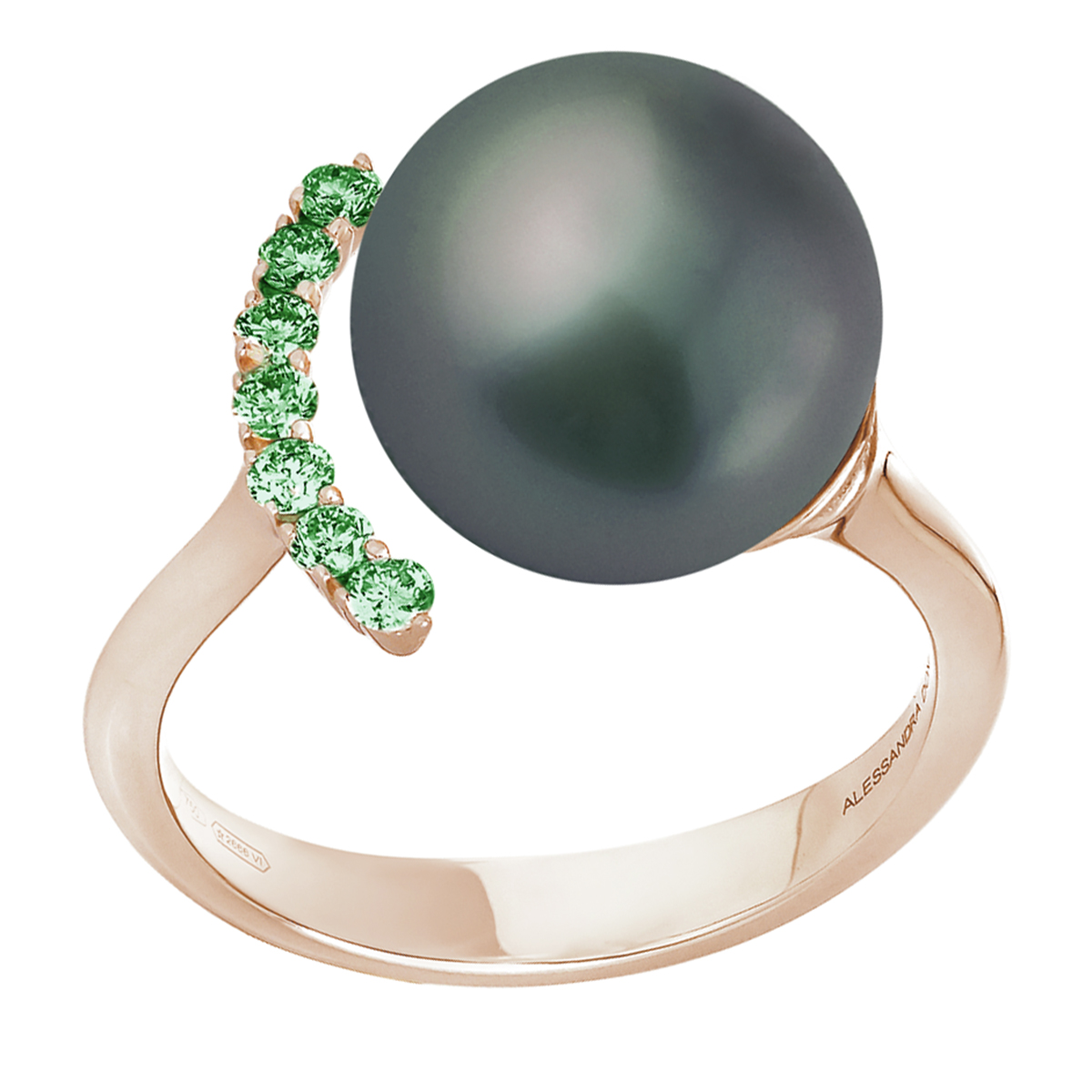 Alessandra Dona Black Tahitian South Sea Cultured Pearl & Tsavorite Bar Open Ring in Rose Gold