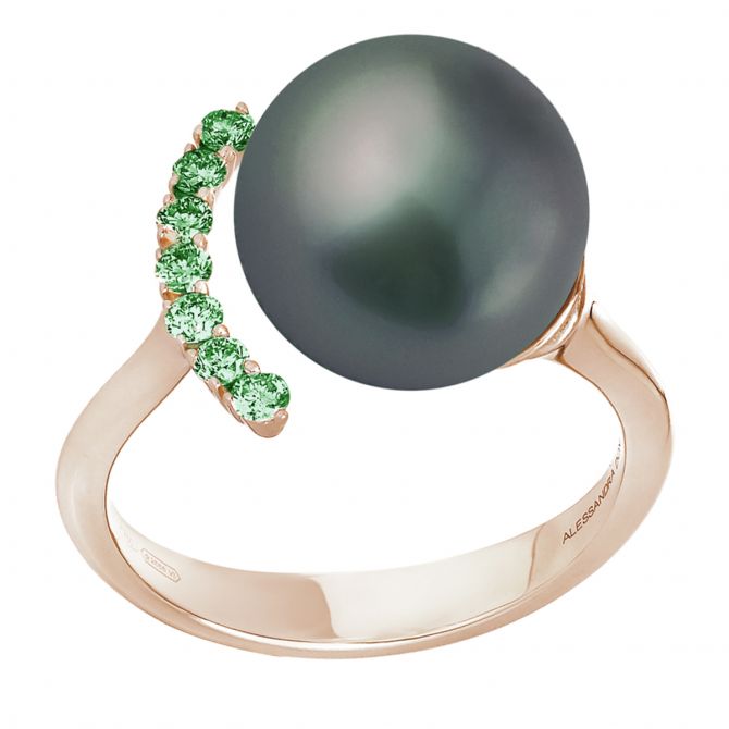Alessandra Dona Black Tahitian South Sea Cultured Pearl & Tsavorite Bar Open Ring in Rose Gold