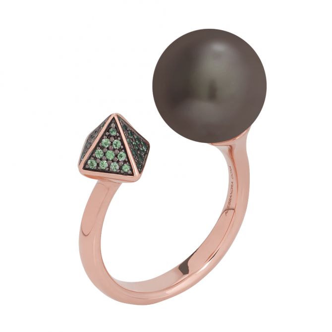 Alessandra Dona Black Tahitian South Sea Cultured Pearl & Tsavorite Pavé Pyramid Ring in Rose Gol