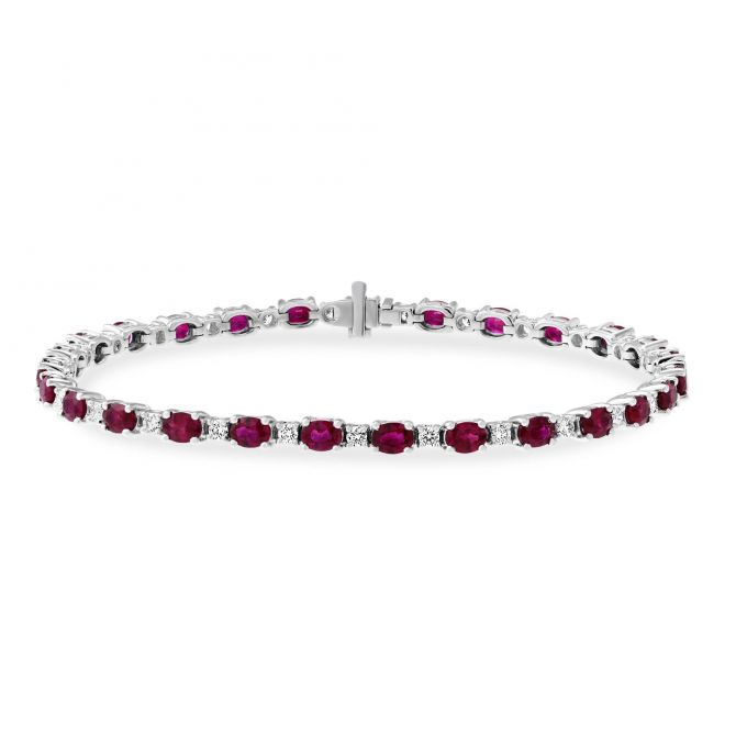 18K White Gold Oval Ruby & Round Diamond Alternating Station Bracelet, 7"