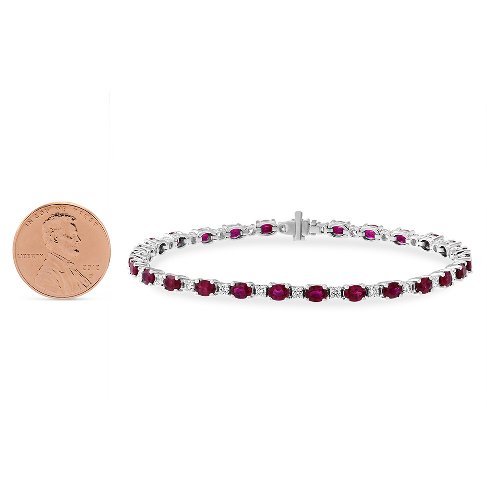 18K White Gold Oval Ruby & Round Diamond Alternating Station Bracelet, 7